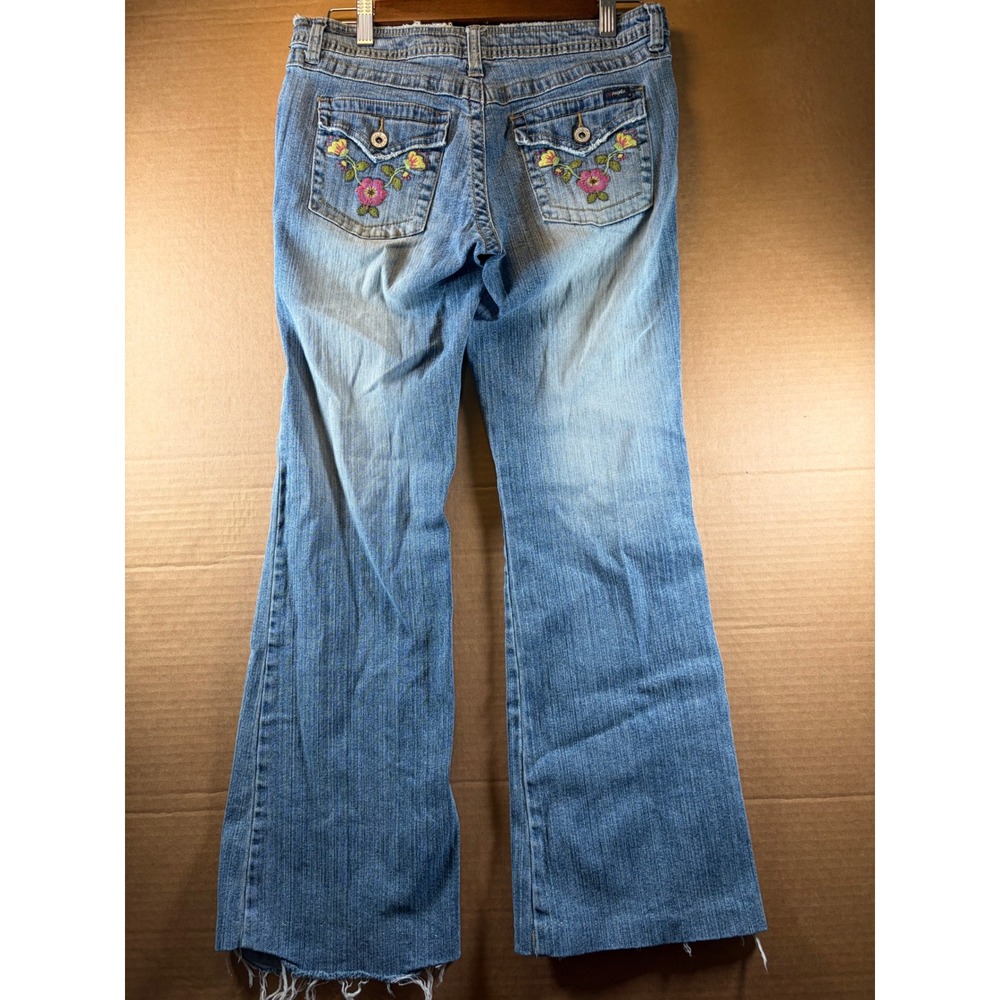 Angels Jeans Womens W30 Blue Flare Y2K Floral Embroidered Raw Hem Stretch